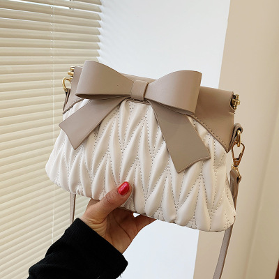 Pu Bag for Women 2021 New Korean Style Fashion Bowknot Ins Internet Celebrity Girl One-Shoulder Crossbody Pleated Small Square Bag