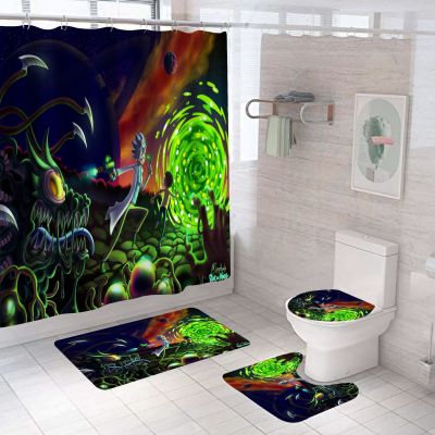 Cross-Border Supply 3D Digital Printing Black Cartoon Series Waterproof Shower Curtain Polyester Four-Piece Suit Pack Graphic Customization