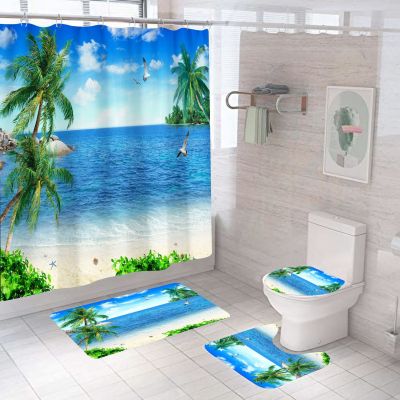 Amazon Cross-Border Digital Printing Seaside Landscape Custom Polyester Waterproof Bathroom Shower Curtain Four-Piece Set Factory Wholesale