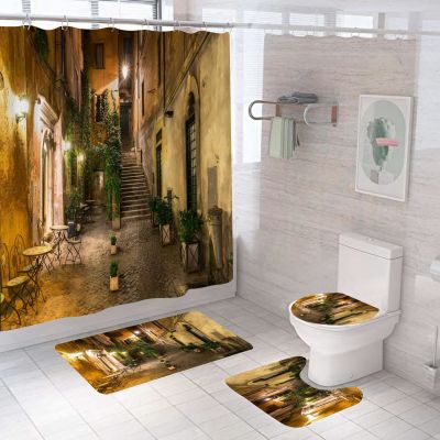 Amazon Cross-Border Digital Printing Night Street View Series Waterproof Polyester Shower Curtain Four-Piece Set Can Be Graphic Customization