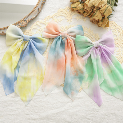 2021 Summer New Fabric Craft Spring Clip Women's Tie-Dye Bow Barrettes Long Bandeau Top Clip Hair Accessories