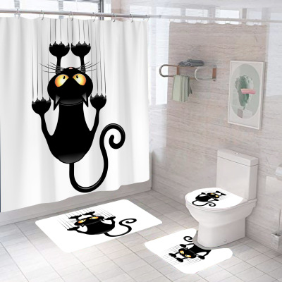 Amazon Cross-Border Digital Printing Naughty Black Cat Series Waterproof Polyester Shower Curtain Four-Piece Set