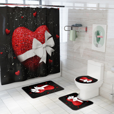 Valentine's Day Hot Sale Love Heart Digital Printing Full Polyester Waterproof Shower Curtain Floor Mat Toilet Mat Bathroom Four-Piece Set Wholesale