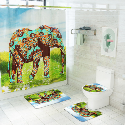 Cross-Border Hot Sale Painted Elephant Printed Polyester Waterproof Shower Curtain Floor Mat Toilet Mat Bathroom Four-Piece Set Wholesale