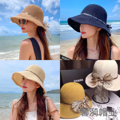 Summer New Straw Hat Bowknot Foldable Fashion Bucket Hat Women's All-Matching Sun-Proof Fashion Fisherman Hat
