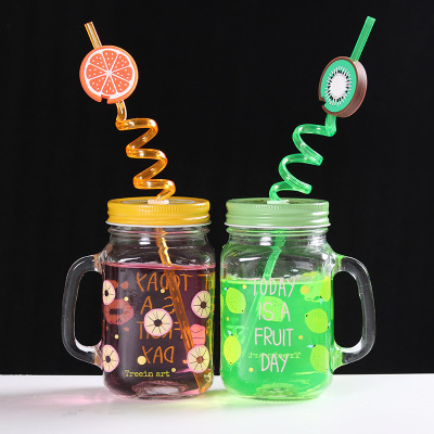 Mason Cup Glass Cup Fruit Cup with Straw Creative with Cover Handle Cup Transparent Juice Cup Customizable Logo