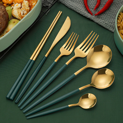 Fork and Spoon ThreePiece Set Western FoodSteak Knife and Fork Dark Green Gold Knife Fork and Spoon Chopsticks Gift Set