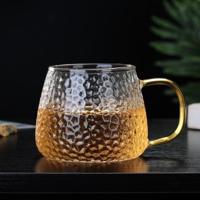 Japanese Style Hammer Pattern Cup Glass with Handle Transparent High Temperature Resistant Household Glass Scented Tea Cup Internet Celebrity Hammered Pattern Glass Water Cup