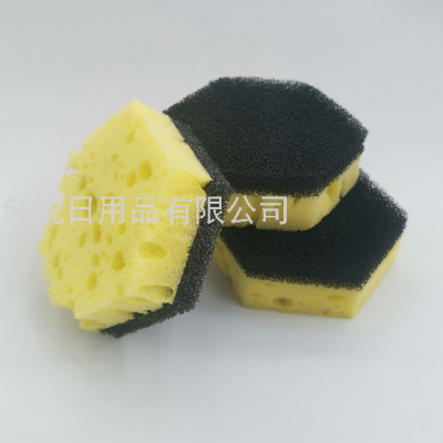 Hexagonal Double Layer 3 Pieces Cleaning Sponge Block Blue Bag Dish Brush Pot Sponge Brush Cleaning Supplies