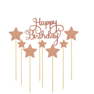 Rose Gold Happy Birthday Cake Insertion Article Set Stars Heart Cake Inserting Card Birthday Cake Decorative Insertion