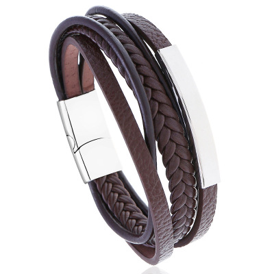 Cross-Border Hot Selling Popular Stainless Steel Leather Bracelet Simple Multi-Layer Cowhide Vintage Weave Titanium Steel Bangle Bracelet