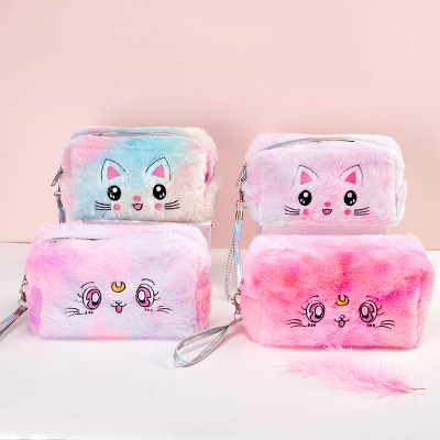Kaai Cartoon Plush Cosmetic Bag Student Convenient Portable Storage Bag Large Capacity Travel Cat Wash Bag Customization