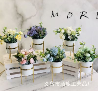 Factory Direct Nordic Ceramic Artificial Flower with Vase Set of Ornaments Floral Setting of Table Living Room Silk Flower Ornaments