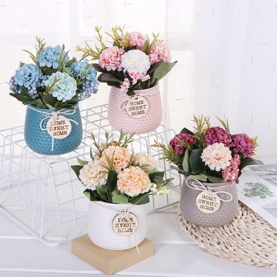 Hydrangea Artificial Bouquet Small Pot Plant Fake Flower Silk Flower Furniture Decoration Desktop Dining Table Flower in Living Room Plastic Flower Arrangement Ornaments