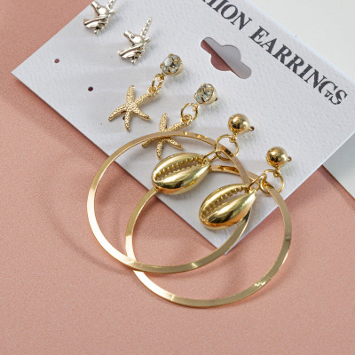 Metal Stud Earrings Combination Set Unicorn Star Ear Studs Diamond Earrings Shell Big Ring Ear Rings