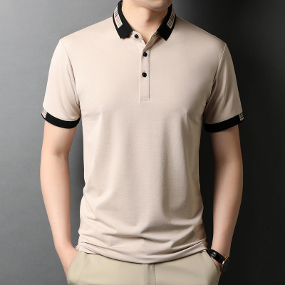 Including Mulberry Silk Short Sleeve T-shirt Men's Summer New Dad Wear Men's Elbow-Sleeved Top T Solid Color Polo Collar Ice Silk Men's Clothing Wholesale