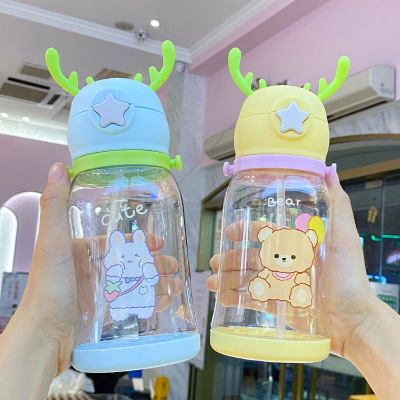 New Summer Internet Celebrity Cartoon Drinking Cup Children's Large Capacity Antlers Plastic Cup Student Straw Cup Gift Customization