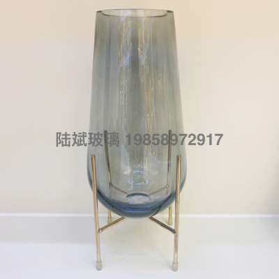 Smoky Gray Glass Vase Flower with Iron Frame Large and Small Sizes Medium and High-Grade Smoky Gray