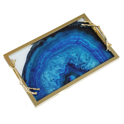 Nordic Light Luxury Electroplated Metal Glass Storage Tray Blue Agate Stone Pattern Tray Sample Coffee Table Storage Tray