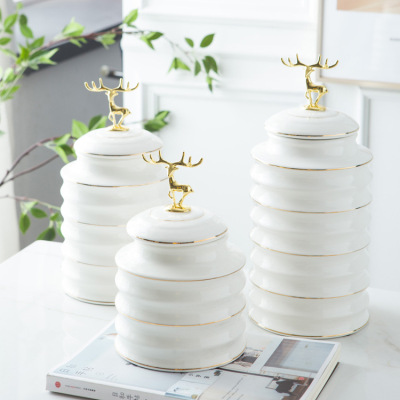 Creative Gold Outline Ceramics Storage Jar Temple Jar Candy Tea Sealed Jar Home Ceramic Crafts Ornaments