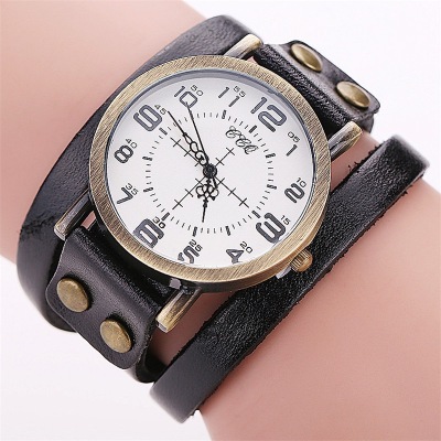 AliExpress Foreign Trade Supply Vintage Genuine Leather Digital Two-Circle Watch Cowhide Quartz Watch in Stock Wholesale