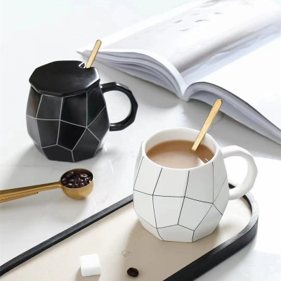 Revo Ceramic Black and White Lines Ceramic Cup Geometric Shape Black and White Mug Simple Nordic Style Cup