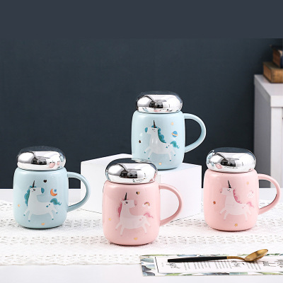 Mini Twist Cover Unicorn Ceramic Cup Creative Cartoon Drinking Cup Mirror Cover Practical Gift Cup Student Water Cup Generation Hair