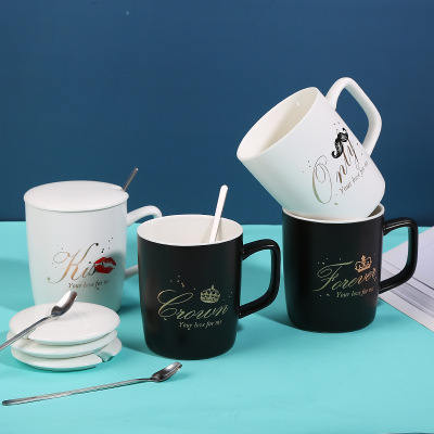 Nordic Ceramic Cup Practical Student Gift Cup with Cover Spoon Mug Black and White Couple's Cups One Piece Dropshipping