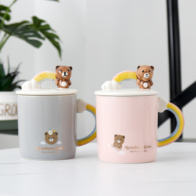 Creative Hand-Painted Rainbow Cartoon Bear Ceramic Cup Student Practical Gift Mug Cute Same Style Cup Delivery