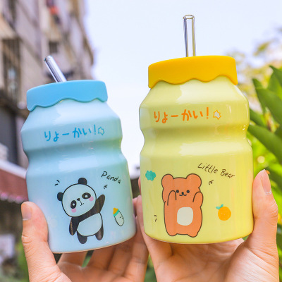 Japanese Style Creative Cartoon Cute Animal Ceramic Cup Portable Compact Couple Straw Cup Fresh Children's Cups