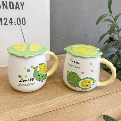 Cartoon Cute Ceramic Cup with Cover Spoon Ins Fresh Fruit Coffee Mug Office Bubble Check Water Cup