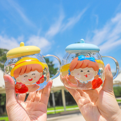 Japanese Style Little Girl Big Belly Glass Mug Cute Cartoon Household Breakfast Milk Cup Fresh Minimalist Water Cup