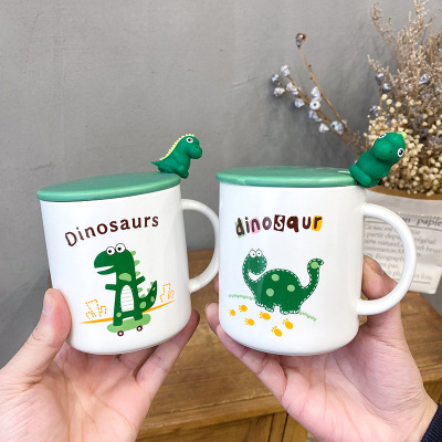 Japanese Style Cute Creative with Cover Dinosaur Ceramic Cup Business Office Coffee Mug with Spoon Boy and Girl Student Water Cup