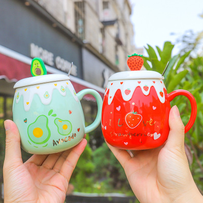 Korean Style Minimalist Fruit Mug Cute Girl Heart with Cover Spoon Ceramic Cup Creative Wedding Gift Cup