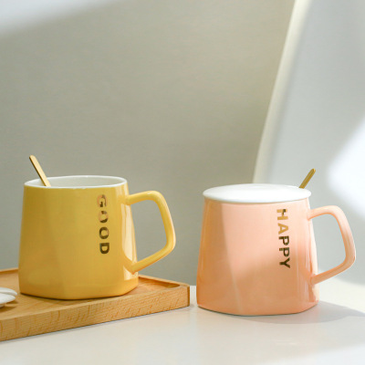 Nordic Entry Lux Style Minimalist Creative English Cup Ceramic Mug Polygon Coffee Cup for Couple Breakfast Water Cup