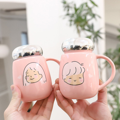 Japanese Cartoon Mirror Cover Ceramic Cup Sealed Leak-Proof Office Tea Brewing Cup Girl Heart Cute Student Cup