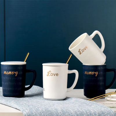 Golden Simple English Ceramic Cup Business Gift Office Mark Cup with Cover Spoon Creative Dark Pattern Couple Water Cup