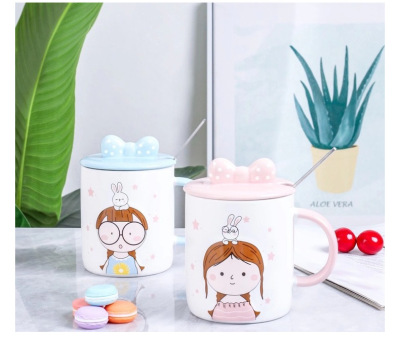 Revo Ceramic Creative Little Girl Ceramic Cup Bowknot Lid Mug Gift Customization Creative Cup