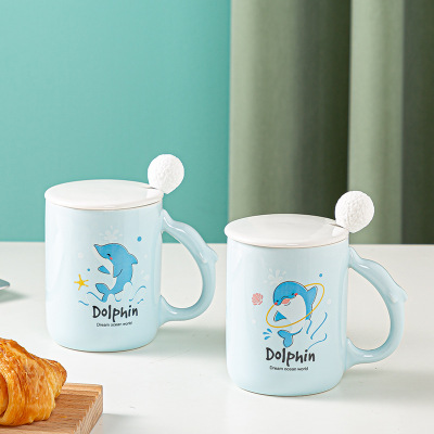 Dolphin Mug Cartoon Cute with Cover Spoon Korean Girl Heart Ceramic Cup Home Office Custom Logo Generation