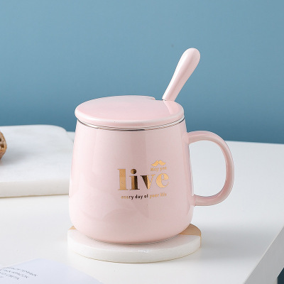 Light Luxury Ins Nordic Ceramic Cup with Cover Spoon Gold Rim Pink Mark Cup Girls' Gifts Large-Capacity Water Cup