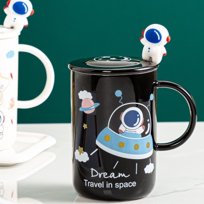 Astronaut Planet Cup with Cover Spoon Mug Cute Student Couple Water Cup Gift Milk Coffee Ceramic Cup