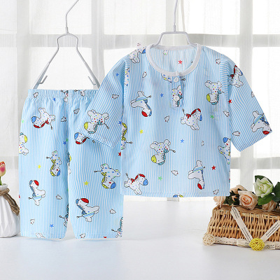 Summer Children's Poplin Pajamas Suit Boys' Cotton Silk Baby Clothes Thin Three-Quarter Sleeve Girls Homewear Air Conditioning Room Clothing