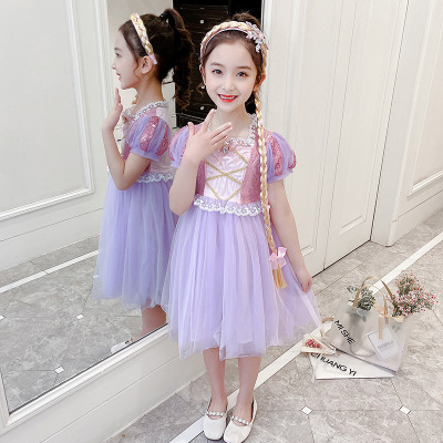 2021 Summer Girl Princess Dress Medium and Big Children Little Girl Cute Puff Sleeves Dress Korean Style Girl Dress Delivery