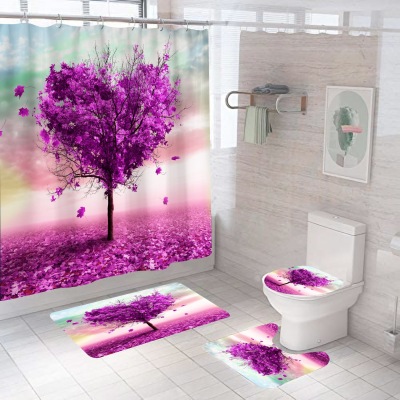 Cross-Border Supply Factory Direct Sales 3D Digital Printing Valentine's Day Flower Series Shower Curtain Waterproof Polyester Four-Piece Suit Pack