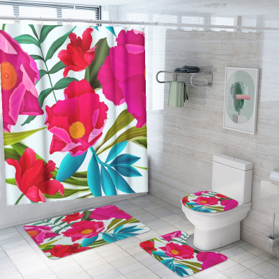 Romantic Flower Cross-Border Bathroom Non-Slip Mat Shower Curtain Combination Carpet Design Four-Piece Set Spot Delivery