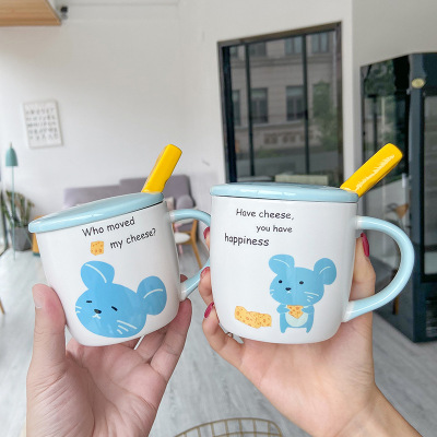 Cartoon Xiaoqing New Cute Mouse Cheese Ceramic Cup with Cover Spoon Big Belly Mug Household Milk Coffee Breakfast Cup