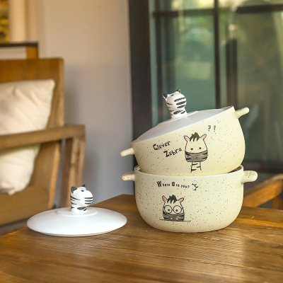 Korean Cute Zebra Ceramic Bowl Binaural Anti-Scald Cover Cartoon Creative Children Instant Noodle Bowl Home Sheng Soup Rice Bowl