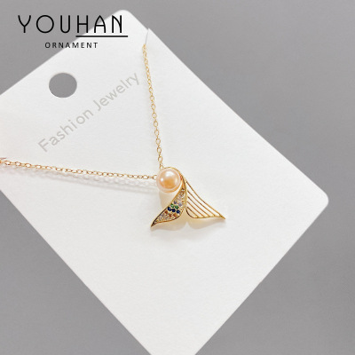 Korean Style Fashionable Electroplated Gold Pearl Fishtail Necklace Women's Micro-Inlaid Color Zircon Design Sense Temperament Clavicle Chain