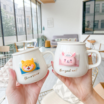 3D Relief Doll Hairstyle Ceramic Cup Cute Cartoon Animal Water Cup Creative Mug Men and Women Student Cup
