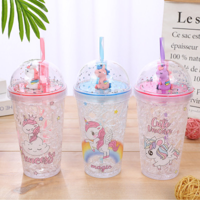 Factory Wholesale Creative Trend Plastic Three-Dimensional Unicorn Iced Ice Cup Drinking Cup Straw Cup Spot